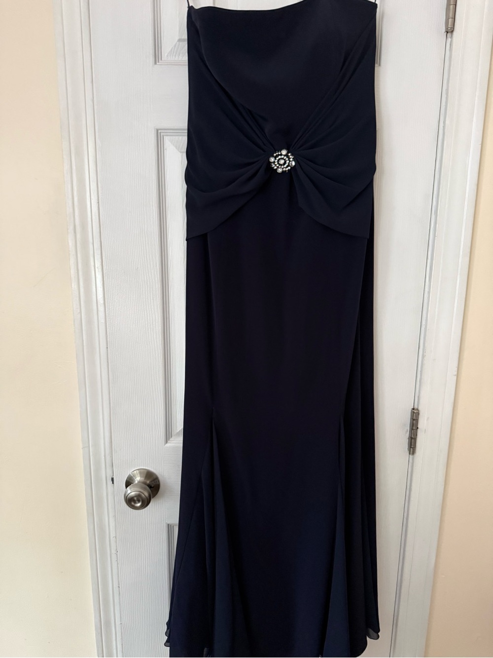 Strapless Navy Evening Gown with Brooch Accents